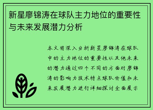 新星廖锦涛在球队主力地位的重要性与未来发展潜力分析
